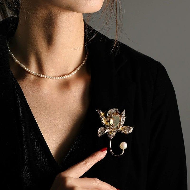 JuJumoose 18K Gold-plated Crystal Orchid Brooch