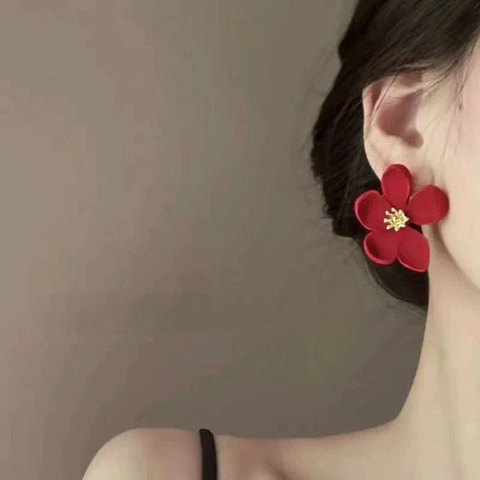 JuJumoose Silver Needle Red Floral Earrings