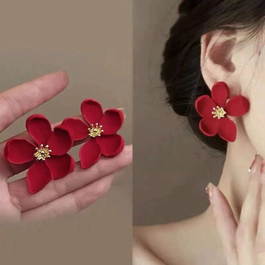 JuJumoose Silver Needle Red Floral Earrings