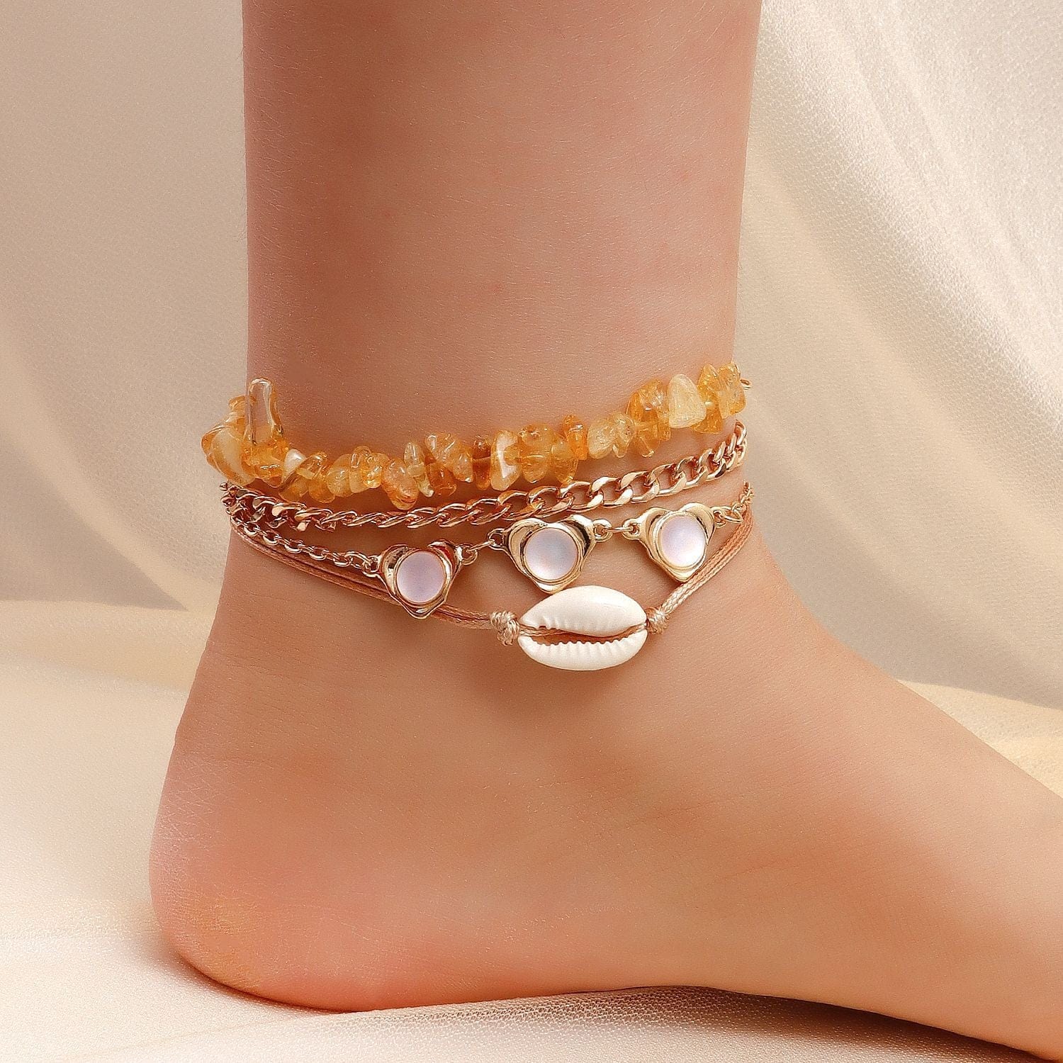 JuJumoose Beach retro woven shell anklet Set