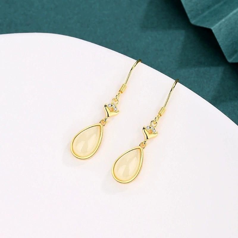 JuJumoose 22K gold Natural Hetian Jade Ingot Teardrop Earrings