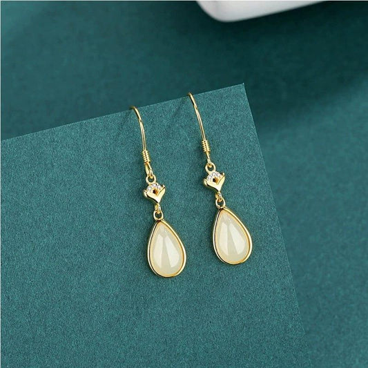 JuJumoose 22K gold Natural Hetian Jade Ingot Teardrop Earrings