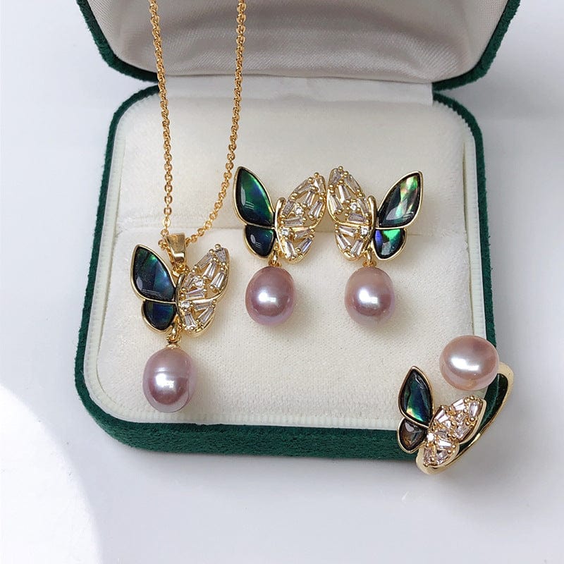 JuJumoose Gold-Plated Butterfly Pearl Set