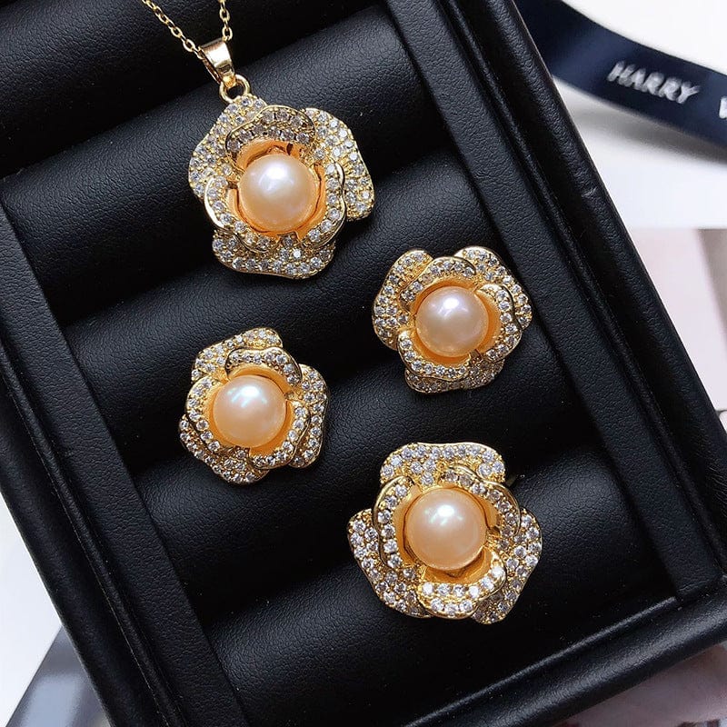 JuJumoose Gold-Plated Peony Flower Pearl Set