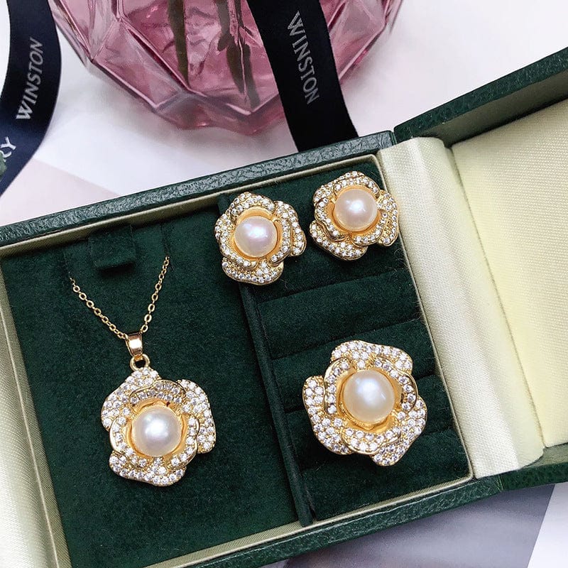 JuJumoose Gold-Plated Peony Flower Pearl Set