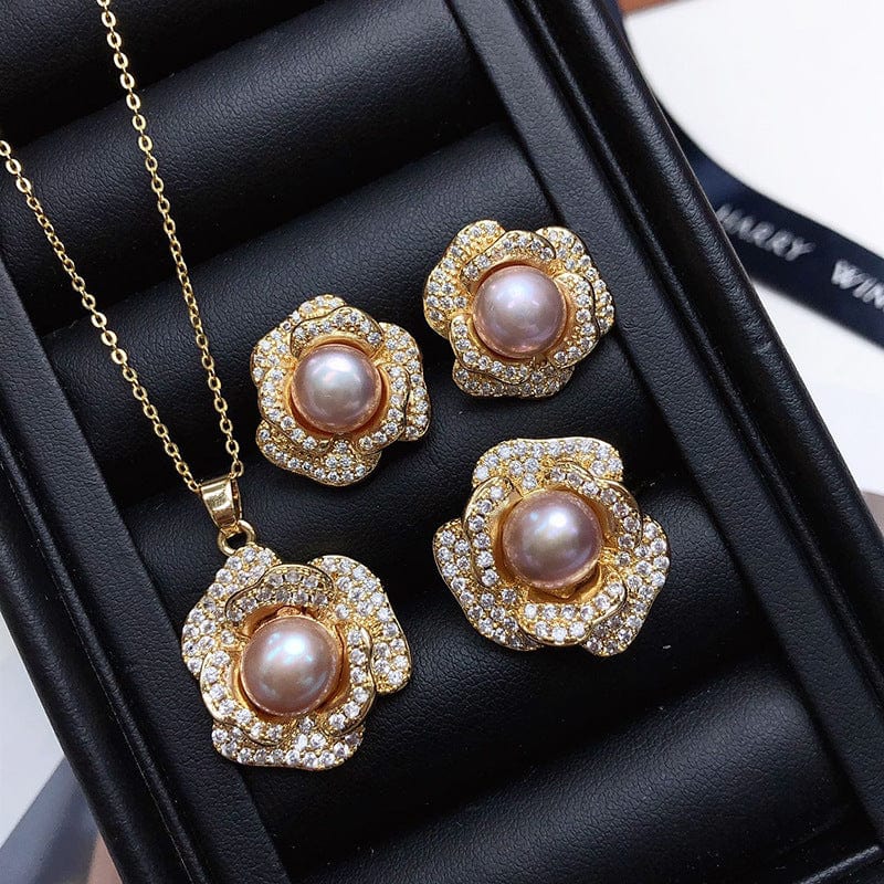 JuJumoose Gold-Plated Peony Flower Pearl Set