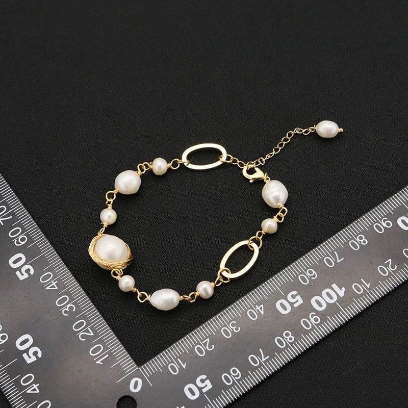 JuJumoose Irregular Wire-wrapped Metal Natural Pearl 18K Gold-Plated Bracelet