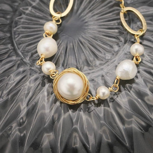 JuJumoose Irregular Wire-wrapped Metal Natural Pearl 18K Gold-Plated Bracelet