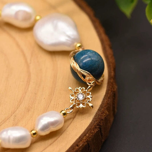 JuJumoose Natural Baroque Pearl and Blue Crystal Tassel 18K Gold-Plated Bracelet