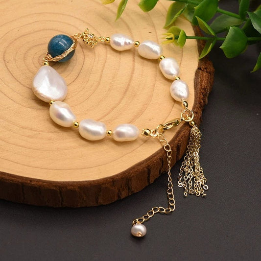 JuJumoose Natural Baroque Pearl and Blue Crystal Tassel 18K Gold-Plated Bracelet