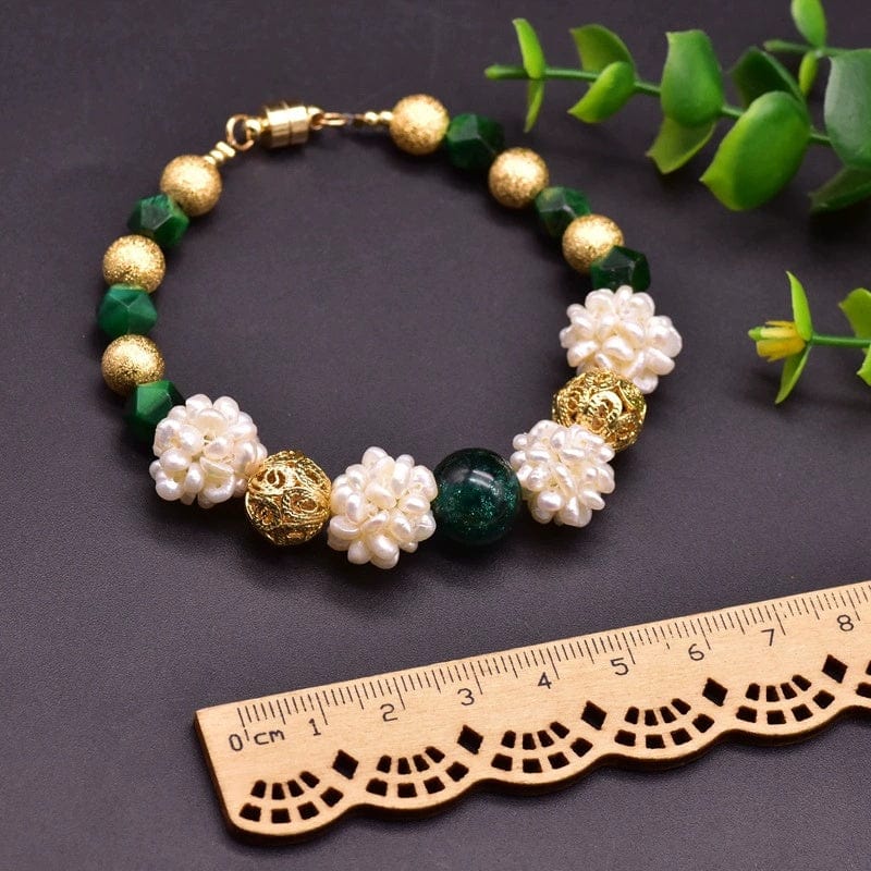 JuJumoose Natural Green Agate and Pearl 18K Gold-Plated Magnetic Clasp Bracelet