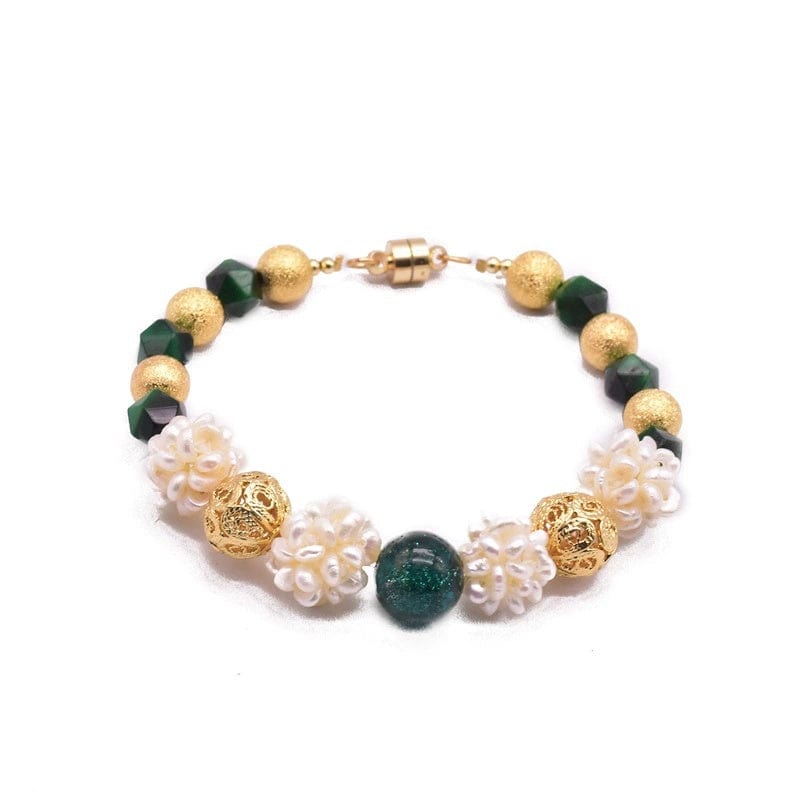 JuJumoose Natural Green Agate and Pearl 18K Gold-Plated Magnetic Clasp Bracelet