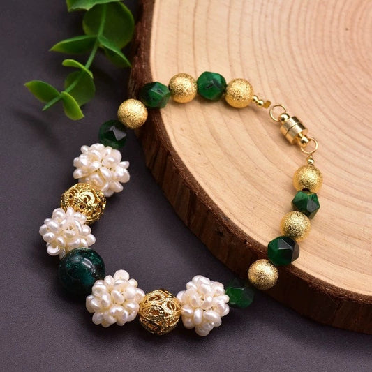 JuJumoose Natural Green Agate and Pearl 18K Gold-Plated Magnetic Clasp Bracelet