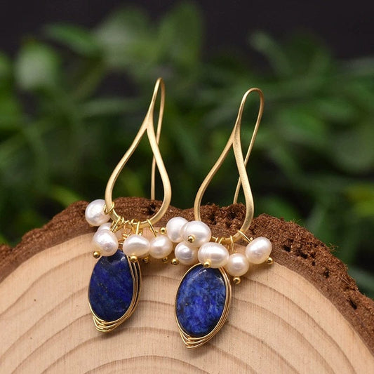 JuJumoose Natural Pearl and Lapis Lazuli 18K Gold-Plated Earrings