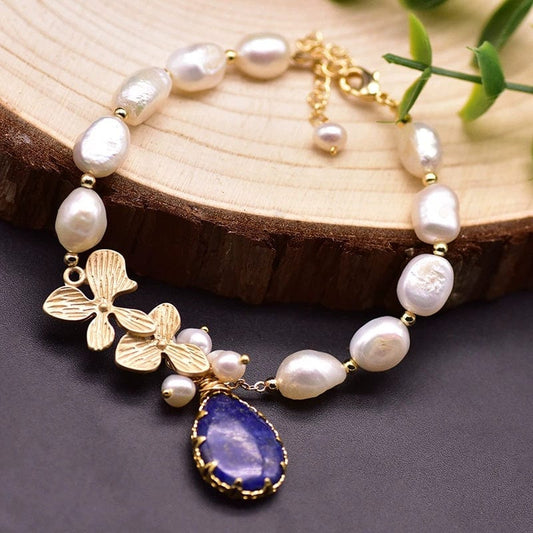 JuJumoose Natural Pearl and Lapis Lazuli Clover 18K Gold-Plated Bracelet