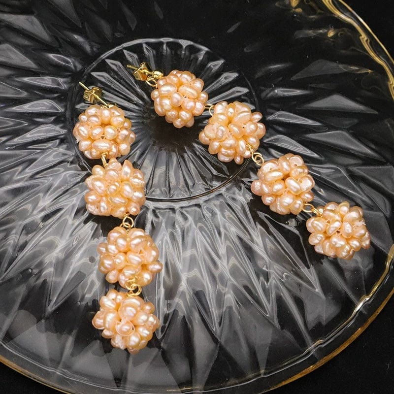 JuJumoose Natural Pearl Flower Ball Earrings with 18K Gold Plating
