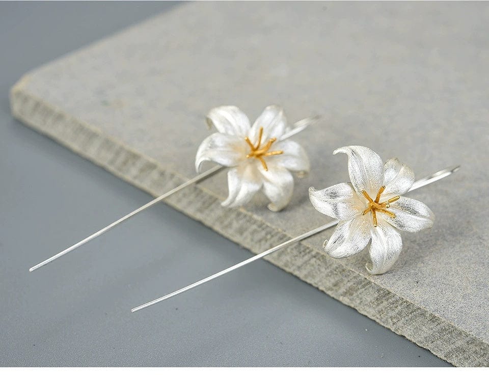 JuJumoose S925 Silver 3D Lily Flower Ear Hook Earrings