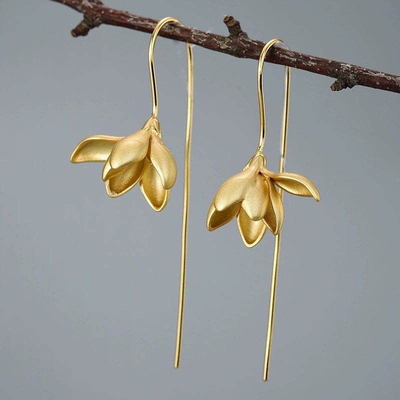 JuJumoose S925 Silver Gold-Plated 3D Magnolia Flower Earrings