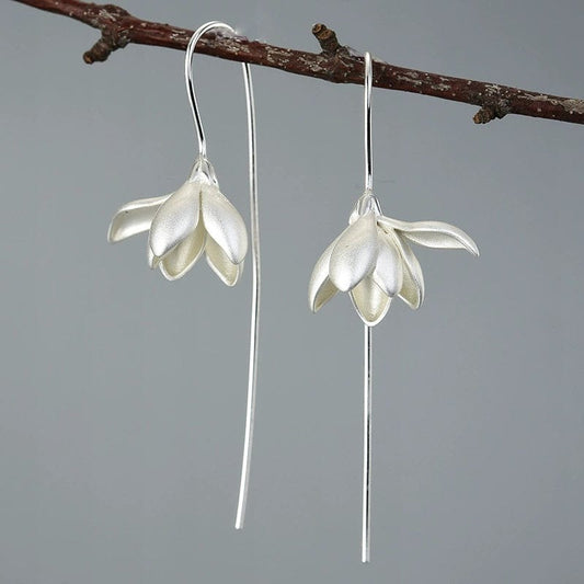 JuJumoose S925 Silver Gold-Plated 3D Magnolia Flower Earrings