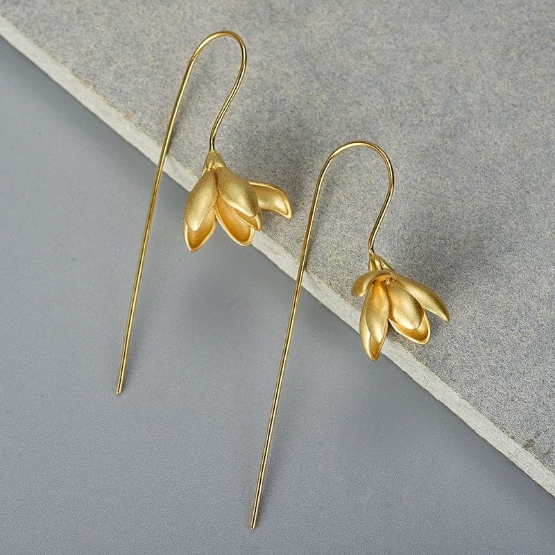 JuJumoose S925 Silver Gold-Plated 3D Magnolia Flower Earrings