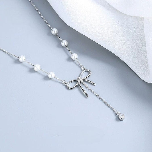 JuJumoose S925 Silver Gold-Plated Bow Knot and Shell Pearl Necklace