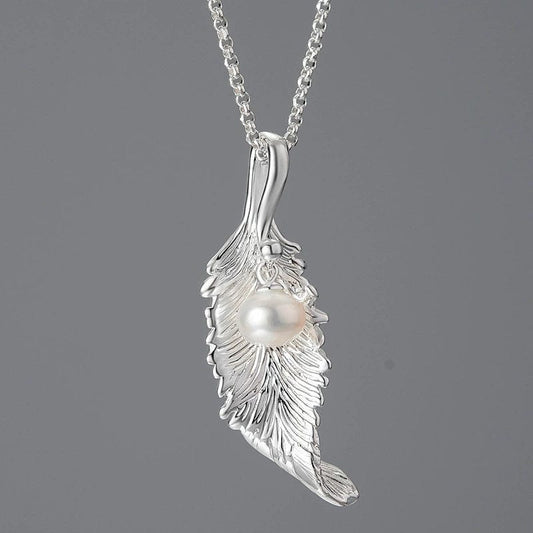 JuJumoose S925 Silver Gold-Plated Feather Pearl Pendant