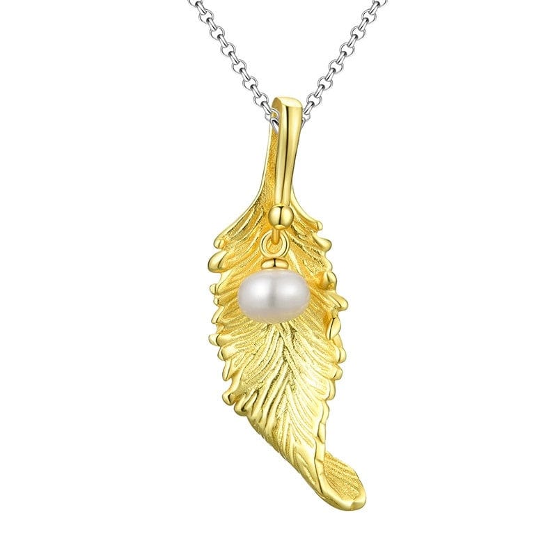 JuJumoose S925 Silver Gold-Plated Feather Pearl Pendant