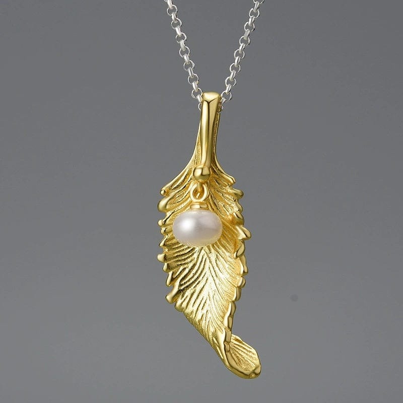 JuJumoose S925 Silver Gold-Plated Feather Pearl Pendant