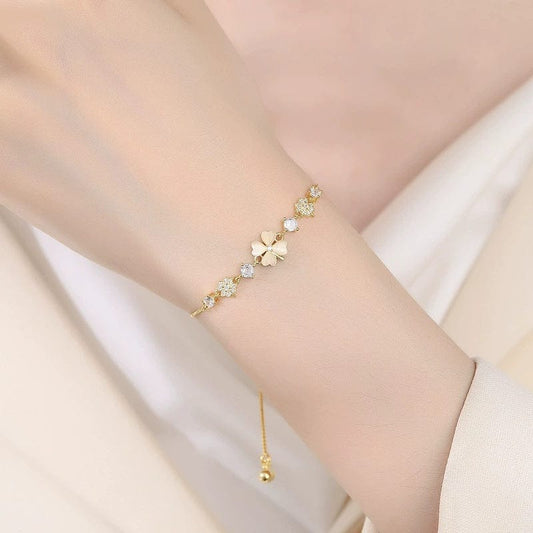 JuJumoose S925 Silver Gold-Plated Four-Leaf Clover Cat's Eye Bracelet