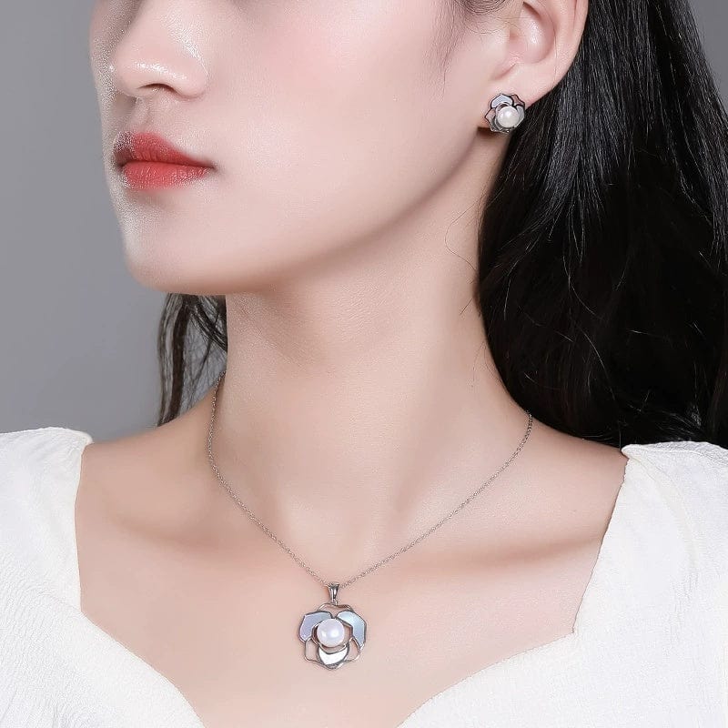 JuJumoose S925 Silver Gold-Plated Natural Pearl Camellia Set