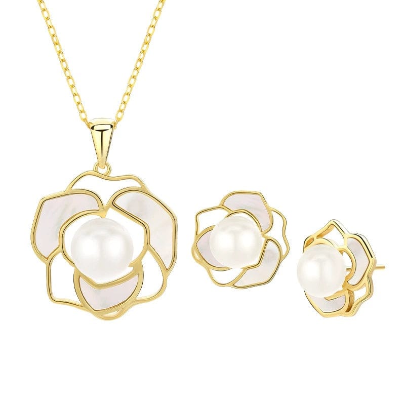 JuJumoose S925 Silver Gold-Plated Natural Pearl Camellia Set