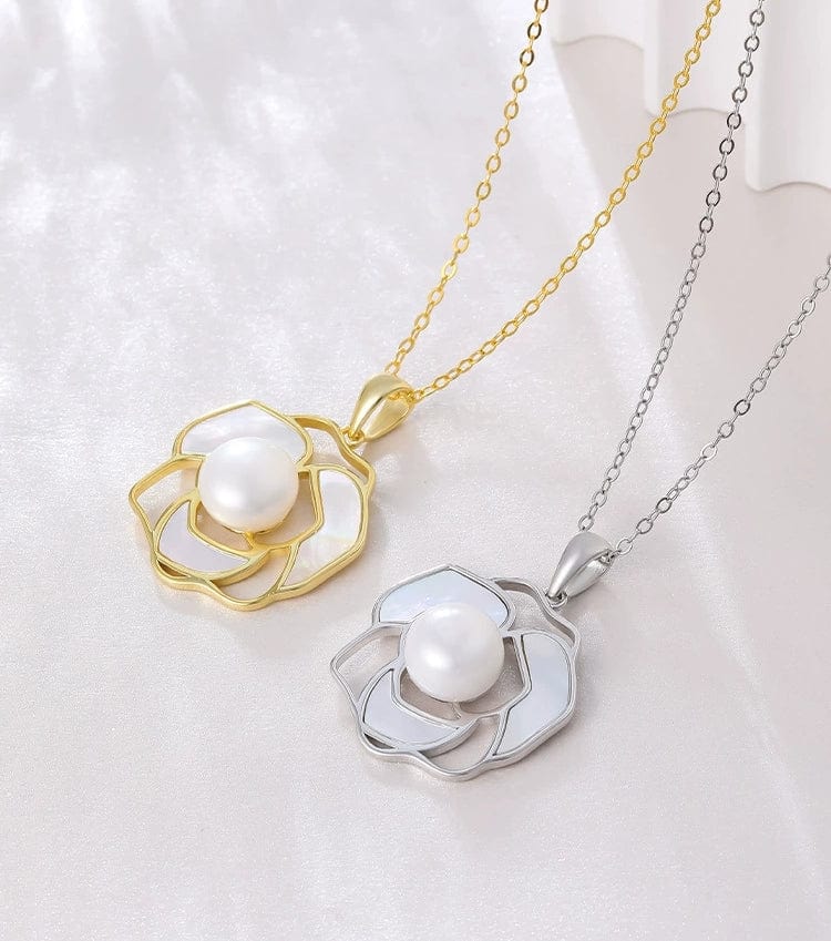 JuJumoose S925 Silver Gold-Plated Natural Pearl Camellia Set