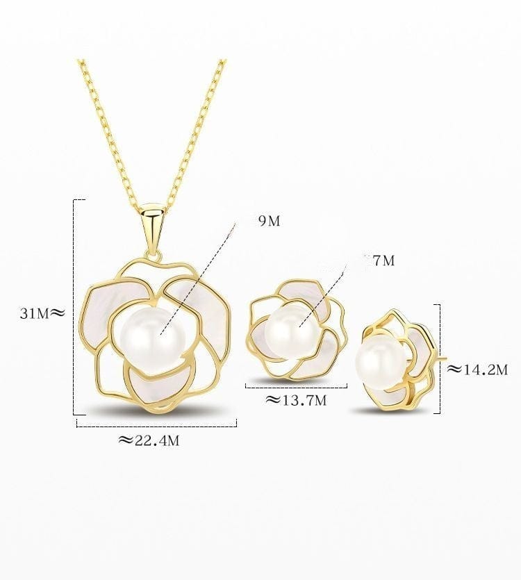 JuJumoose S925 Silver Gold-Plated Natural Pearl Camellia Set