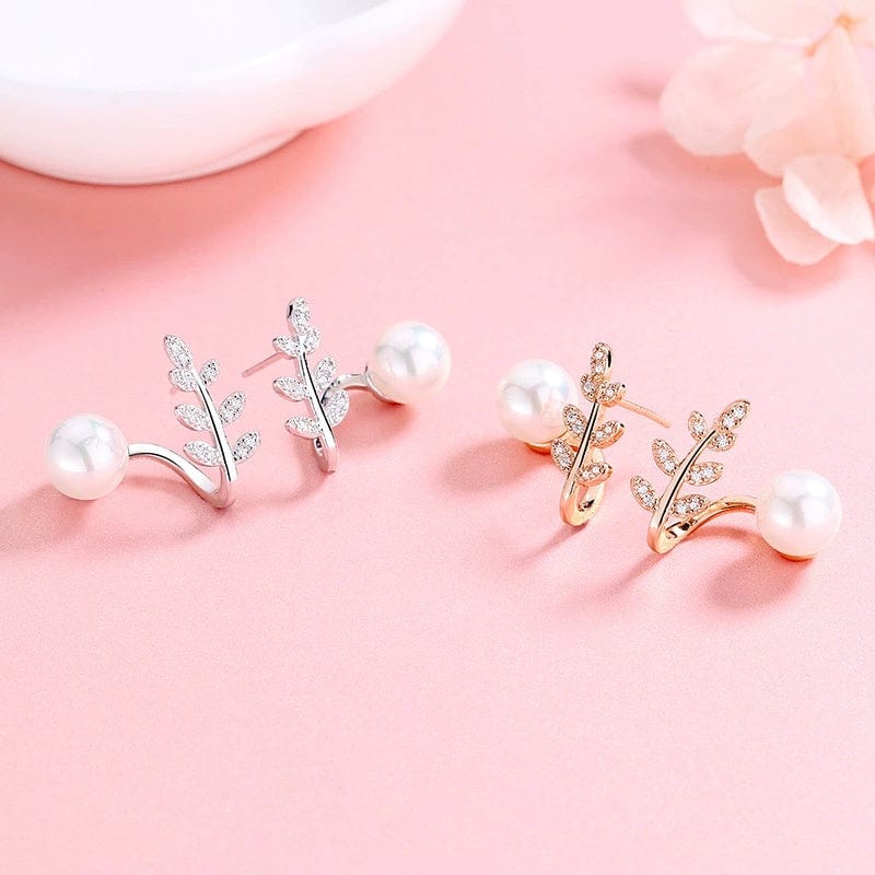 JuJumoose S925 Silver Gold-Plated Natural Pearl Willow Leaf Earrings