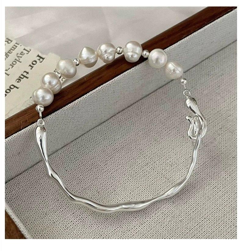 JuJumoose S925 Silver Irregular Streamline Pearl Clasp Bracelet