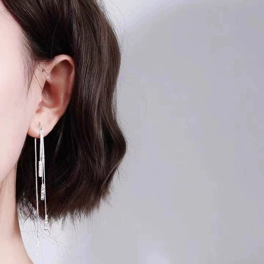 JuJumoose S925 Silver Long Tassel Threader Earrings