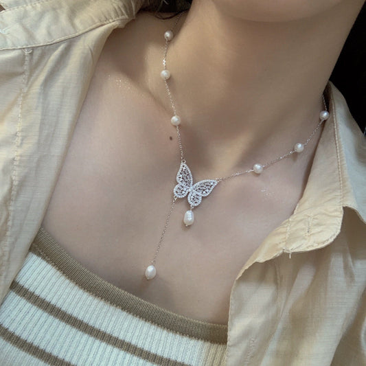 JuJumoose S925 Silver Natural Freshwater Pearl Butterfly Tassel Necklace