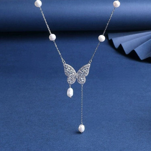 JuJumoose S925 Silver Natural Freshwater Pearl Butterfly Tassel Necklace