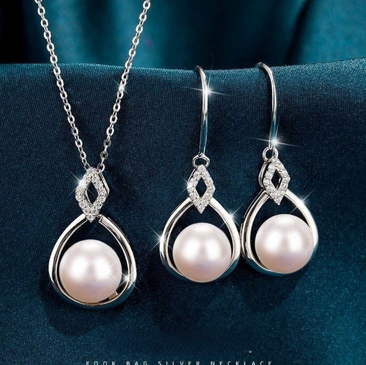 JuJumoose S925 Silver Natural Freshwater Pearl Diamond Earrings and Necklace Set