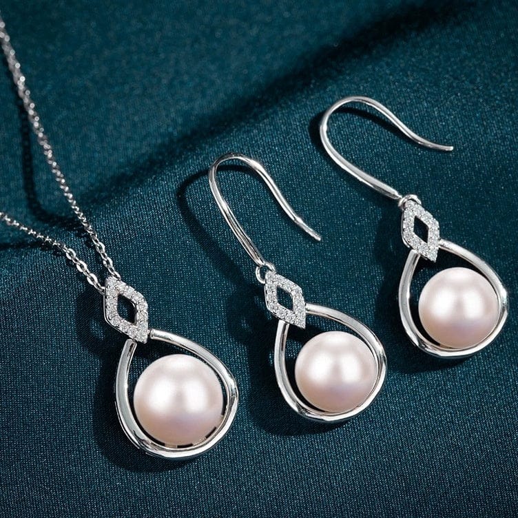 JuJumoose S925 Silver Natural Freshwater Pearl Diamond Earrings and Necklace Set