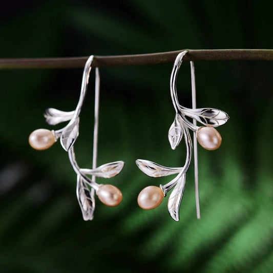 JuJumoose S925 Silver Natural Pearl Dewdrop Leaf Earrings