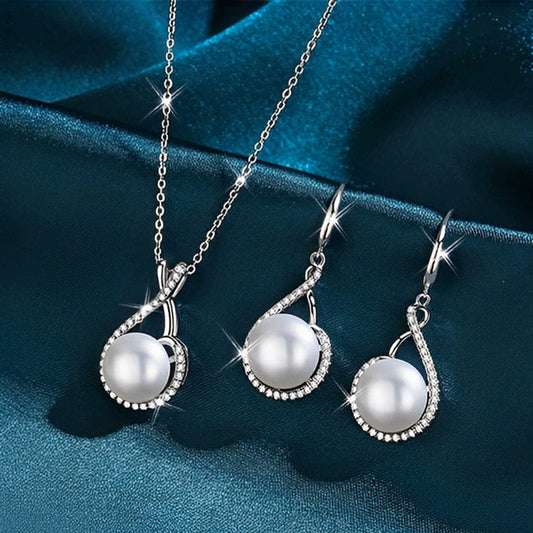 JuJumoose S925 Silver Natural Round Freshwater Pearl Teardrop Set