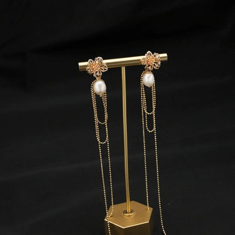 JuJumoose S925 Silver Needle Natural Pearl Tassel and Gold Bead Flower 18K Gold-Plated Earrings