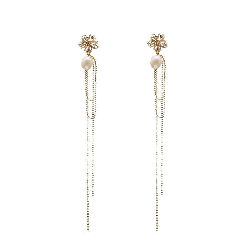 JuJumoose S925 Silver Needle Natural Pearl Tassel and Gold Bead Flower 18K Gold-Plated Earrings