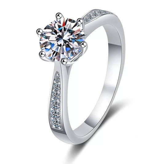 JuJumoose S925 Silver Platinum-Plated Moissanite Six-Prong Micro Pave Ring