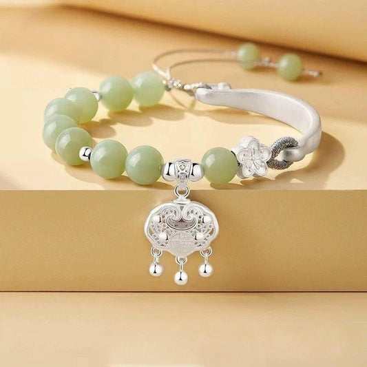 JuJumoose S999 Sterling Silver Hetian Jade Peach Blossom Safety Lock Bracelet