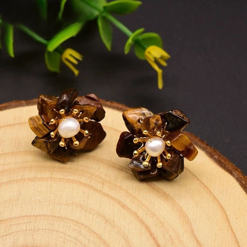 JuJumoose Silver Needle Double Layer Flower Natural Pearl 18K Gold-Plated Earrings