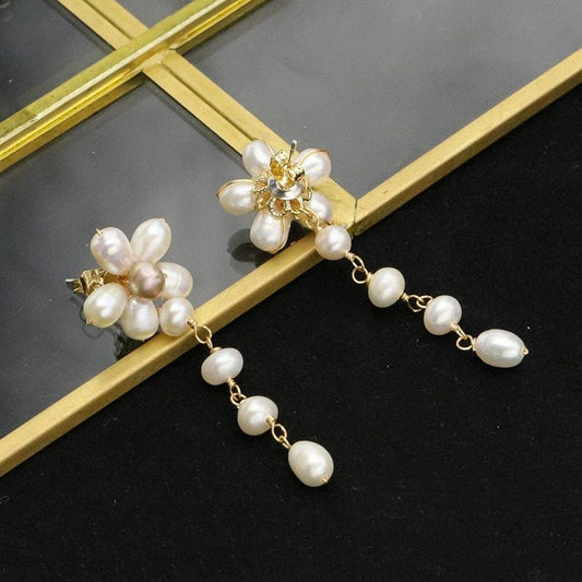 JuJumoose Silver Stud Flower Natural Pearl 18K Gold-Plated Earrings