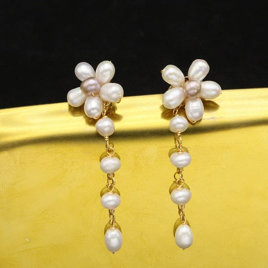 JuJumoose Silver Stud Flower Natural Pearl 18K Gold-Plated Earrings