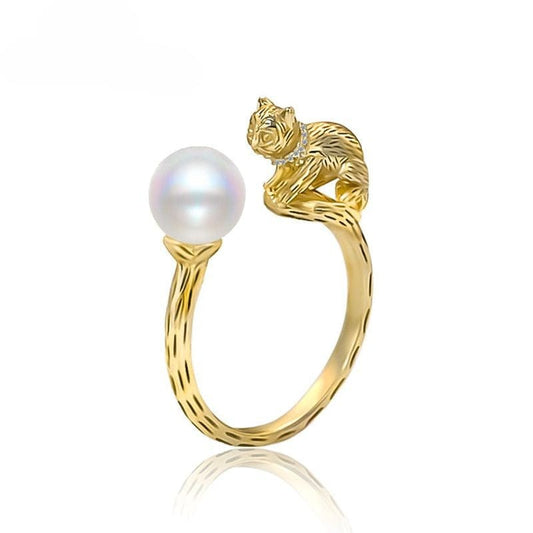 JuJumoose Sterling Silver Gold-Plated Cat Pearl Ring